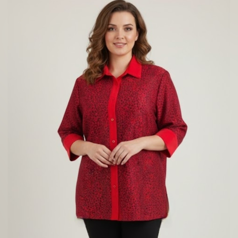 Vida petite black and red button blouse/blazer,quarter sleeves, Animal Print, L